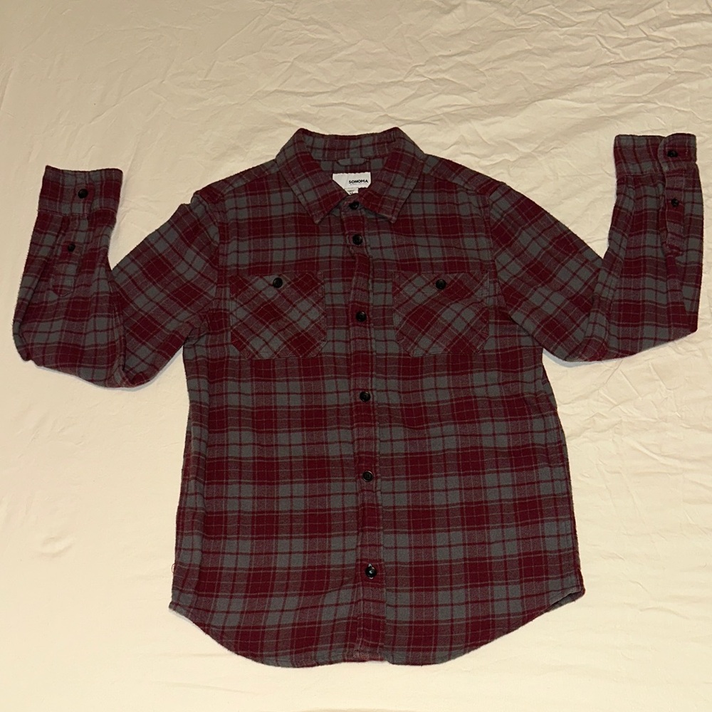 Sonoma Kids Burgundy and Charcoal Plaid Flannel Button Down Shirt